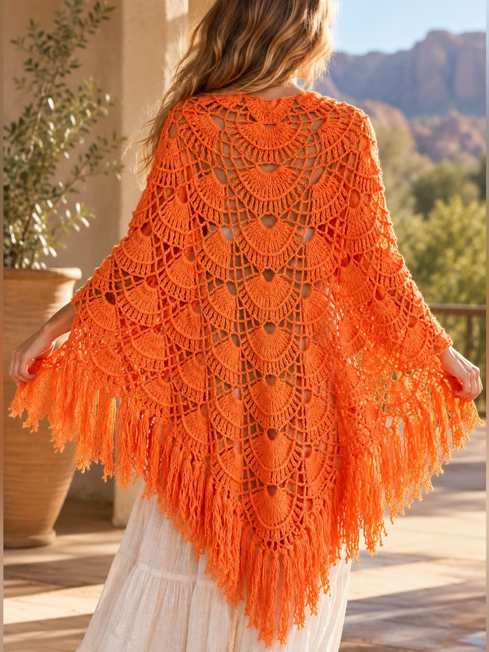 Handmade  Orange Crochet Fringe Shawl Wrap